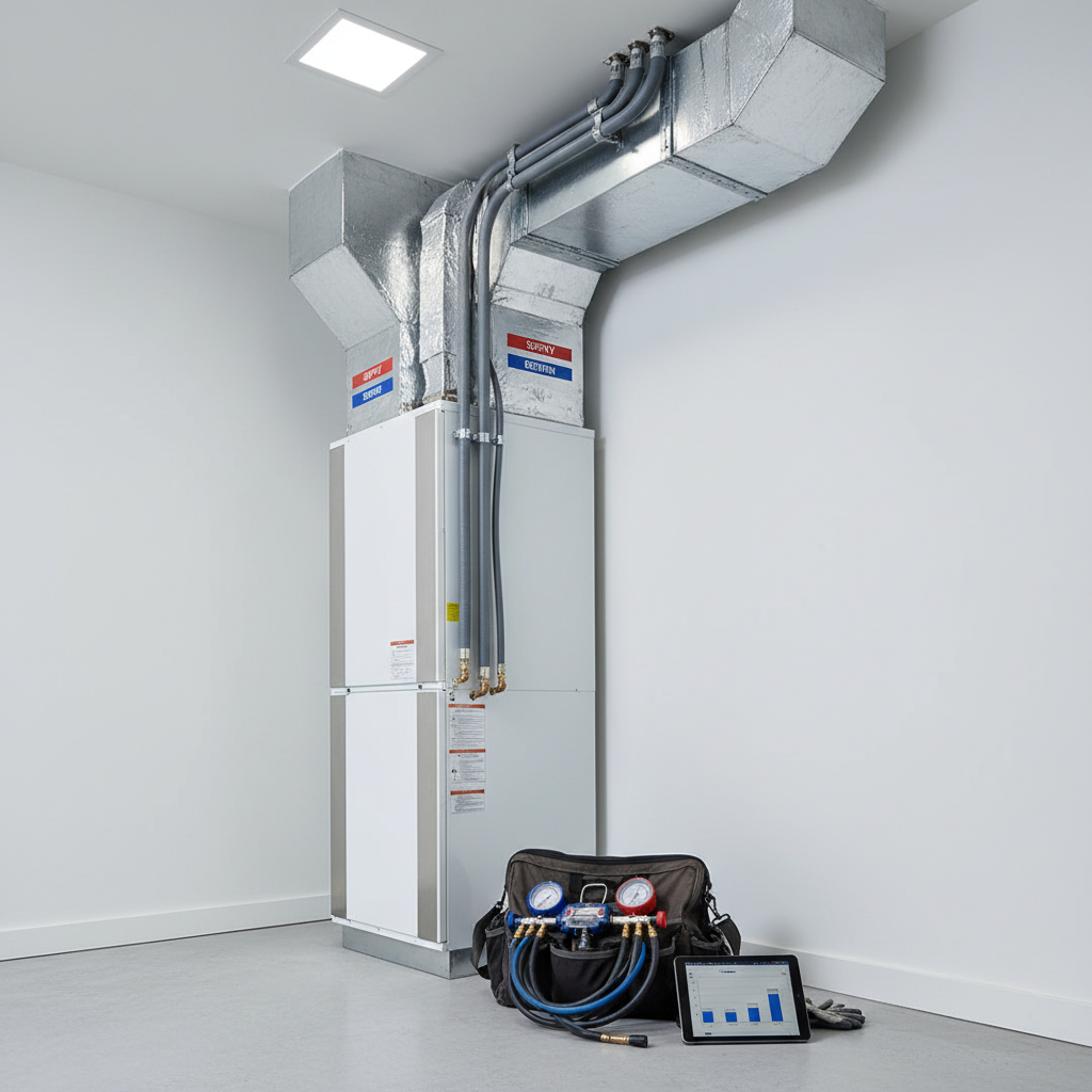 A sleek high-efficiency furnace and air handler unit installed in a tidy Santa Cruz garage, with clearly labeled ductwork and insulated pipes leading to the ceiling. On the smooth concrete floor, a neatly organized open tool bag reveals HVAC gauges, flexible hoses, and a tablet displaying a diagnostic screen, implying expert servicing without showing any people. Cool, even LED ceiling lighting creates soft, shadow-free illumination, highlighting the clean installation and five-star-quality workmanship. Shot from a slightly low, three-quarter angle in photographic realism, the composition uses leading lines of the ducts to draw the eye, reinforcing a professional, reliable home comfort service mood.