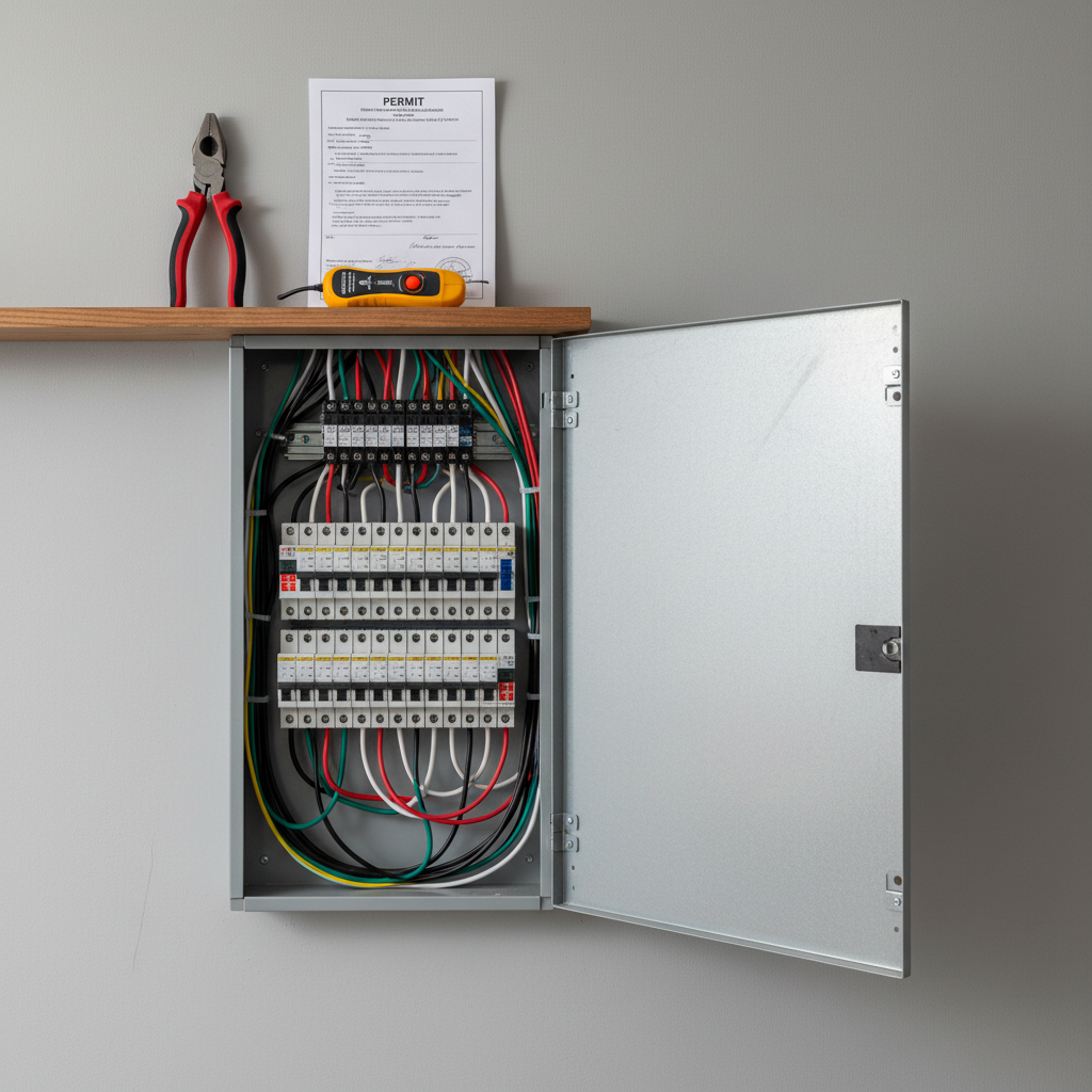 A modern electrical service panel with neatly routed color-coded wiring and labeled breakers, illustrating licensed residential electrical work.