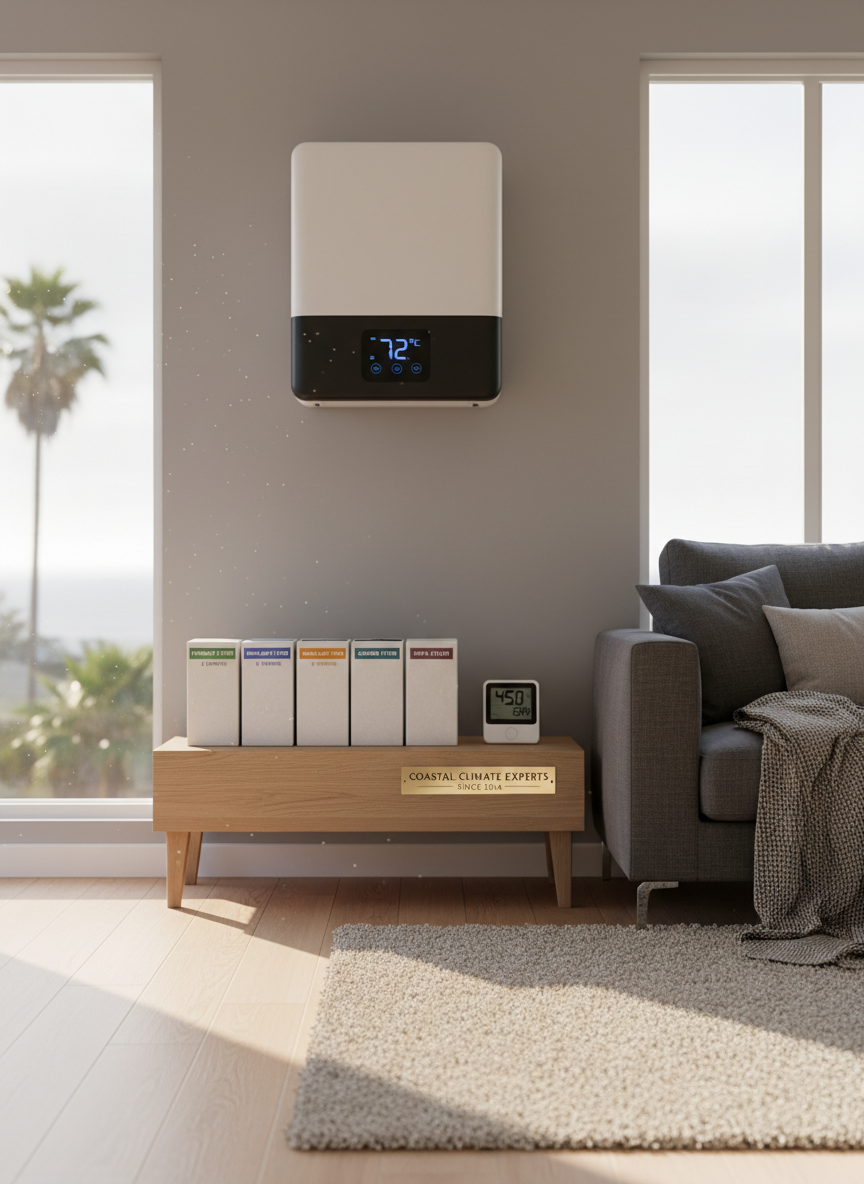 A wall-mounted energy-efficient heat pump and programmable thermostat in a Santa Cruz living room, illustrating HVAC service and maintenance.