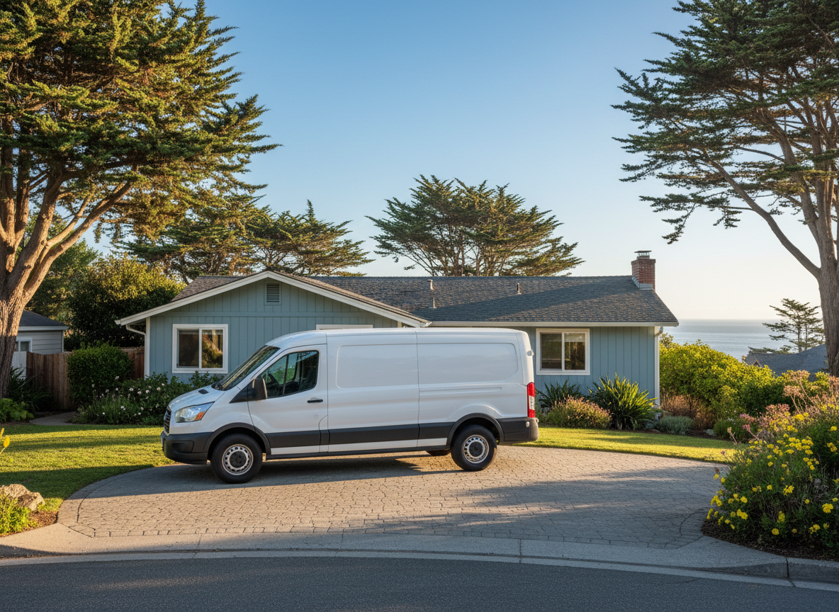 A clean white service van parked in the driveway of a well-kept single-family home in a coastal Santa Cruz County neighborhood.