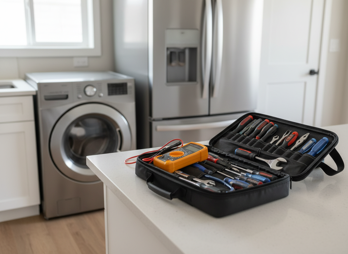 A modern kitchen with a technician's toolkit resting open beside a washer and refrigerator, illustrating residential appliance repair.