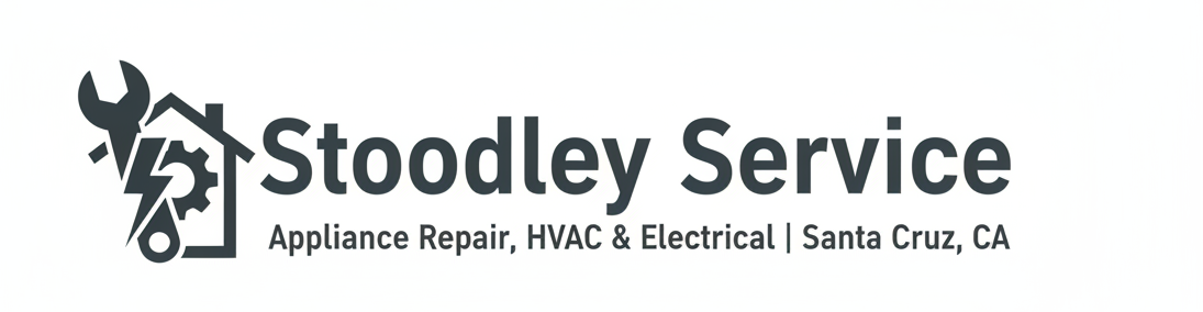 A professional logo for "Stoodley Service" — a home services company specializing in appliance repair, HVAC, and electrical work in Santa Cruz, CA. The logo should feature a clean, modern wordmark "Stoodley Service" with a small icon — either a wrench, a house with a gear, or a lightning bolt combined with a wrench. Dark navy blue or charcoal color scheme with white or light text. Simple, bold, works on both light and dark backgrounds. Horizontal layout. No gradients. Clean and trustworthy.