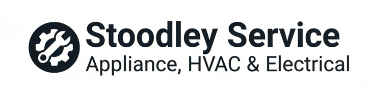 A professional service company logo on a white background. Left side: a small dark circular icon with a stylized wrench/gear symbol (similar to the existing Stoodley Service logo icon). Right side: bold dark text "Stoodley Service" on the top line, and smaller text "Appliance, HVAC & Electrical" below it. Clean, professional, no location text, no "Santa Cruz CA", transparent or white background. Match the style and font of the original logo exactly.
